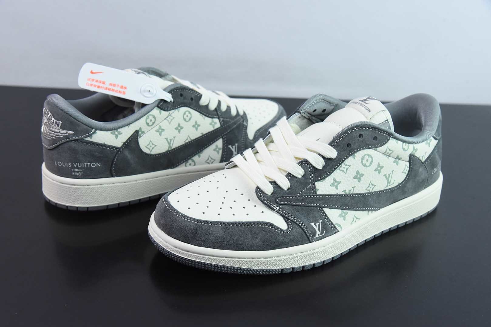 1CAJT35699434 Fragment x Travis Scott x Air Jordan 1 x One Version Triple Collaboration Reverse Swoosh Low Top Cream Grey SJ2068-001